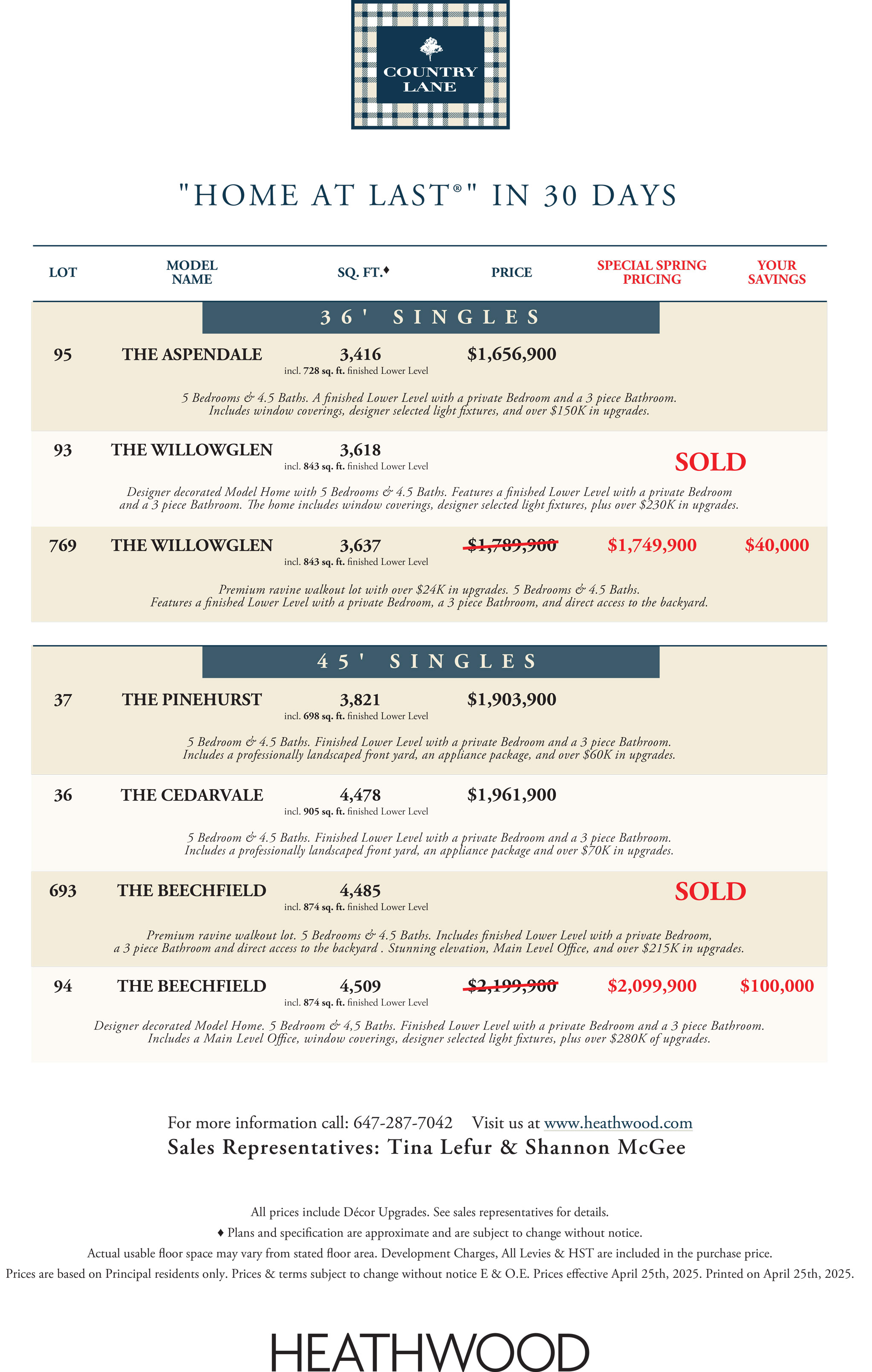 Country Lane Price List