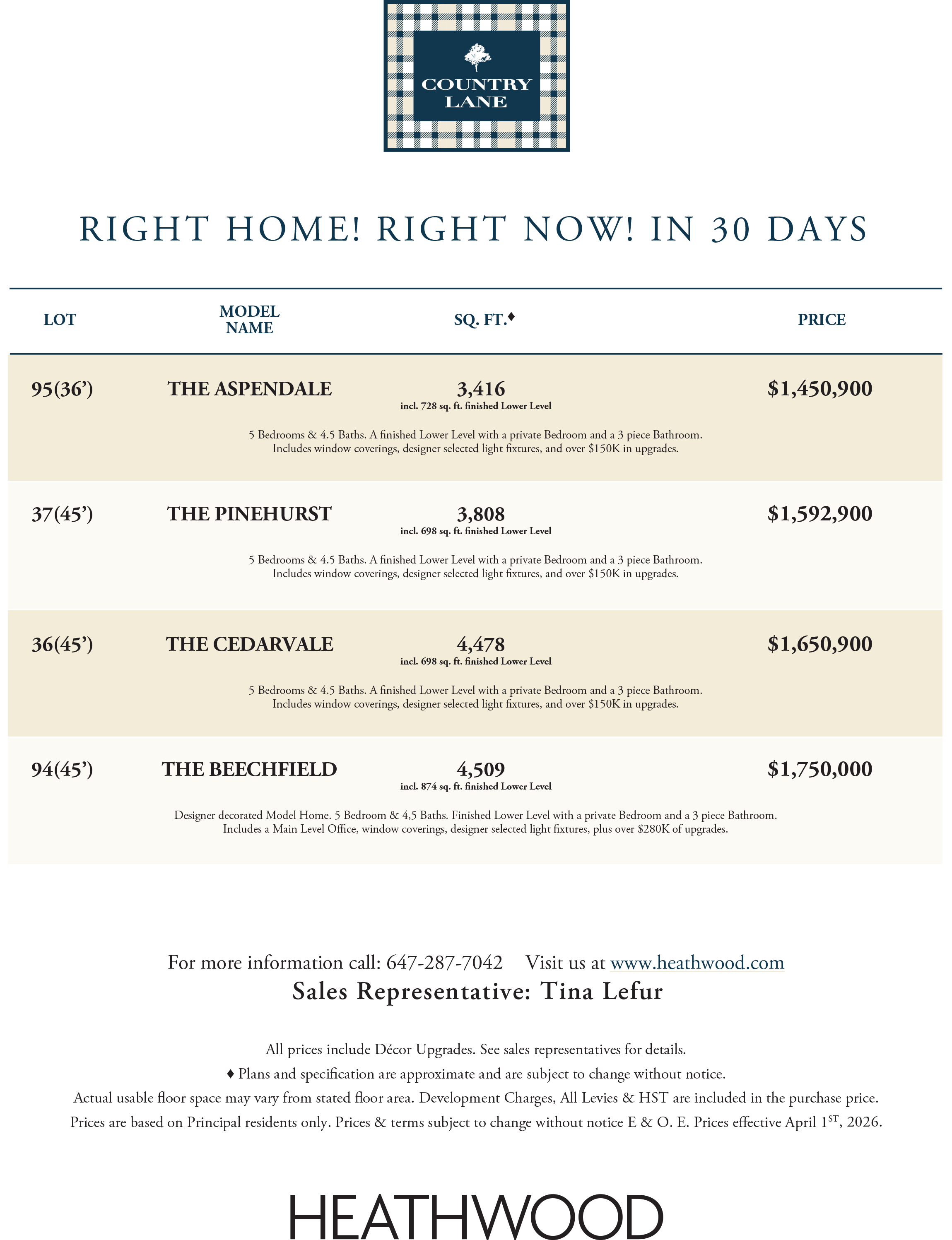 Country Lane Price List